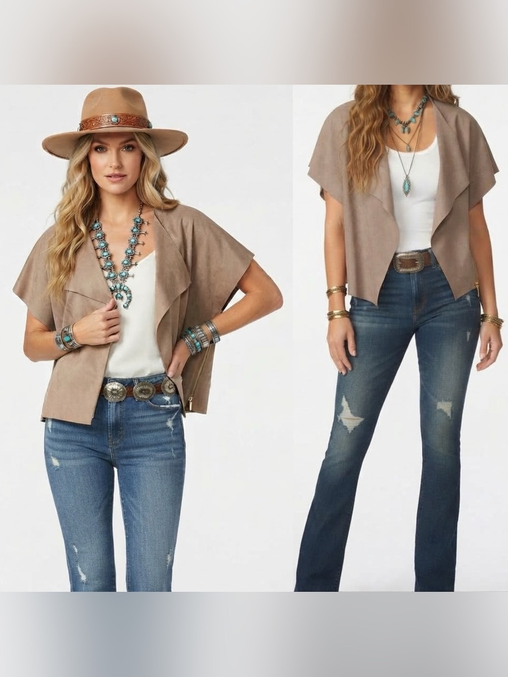 Chico’s Faux Suede Tan Camel Drape Open Front Jacket Kimono Cowgirl Sz 1 / M EUC